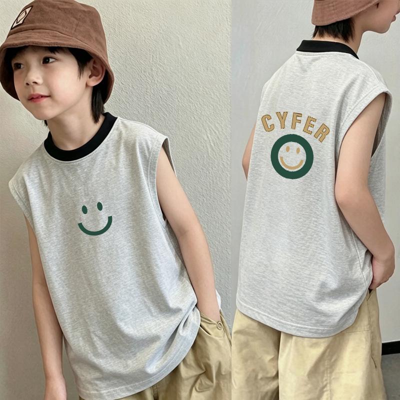Korean Style Boys' Cotton Cartoon Color Block Sleeveless T-Shirt, Ages 6-12, New Summer Patchwork Vest Top