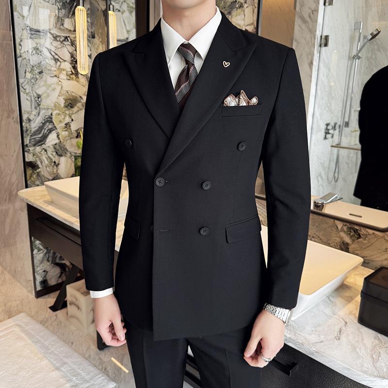 Herren Langarm Schleifenhals Zweireiher Anzug, High-End Business Casual einfarbiger Anzug