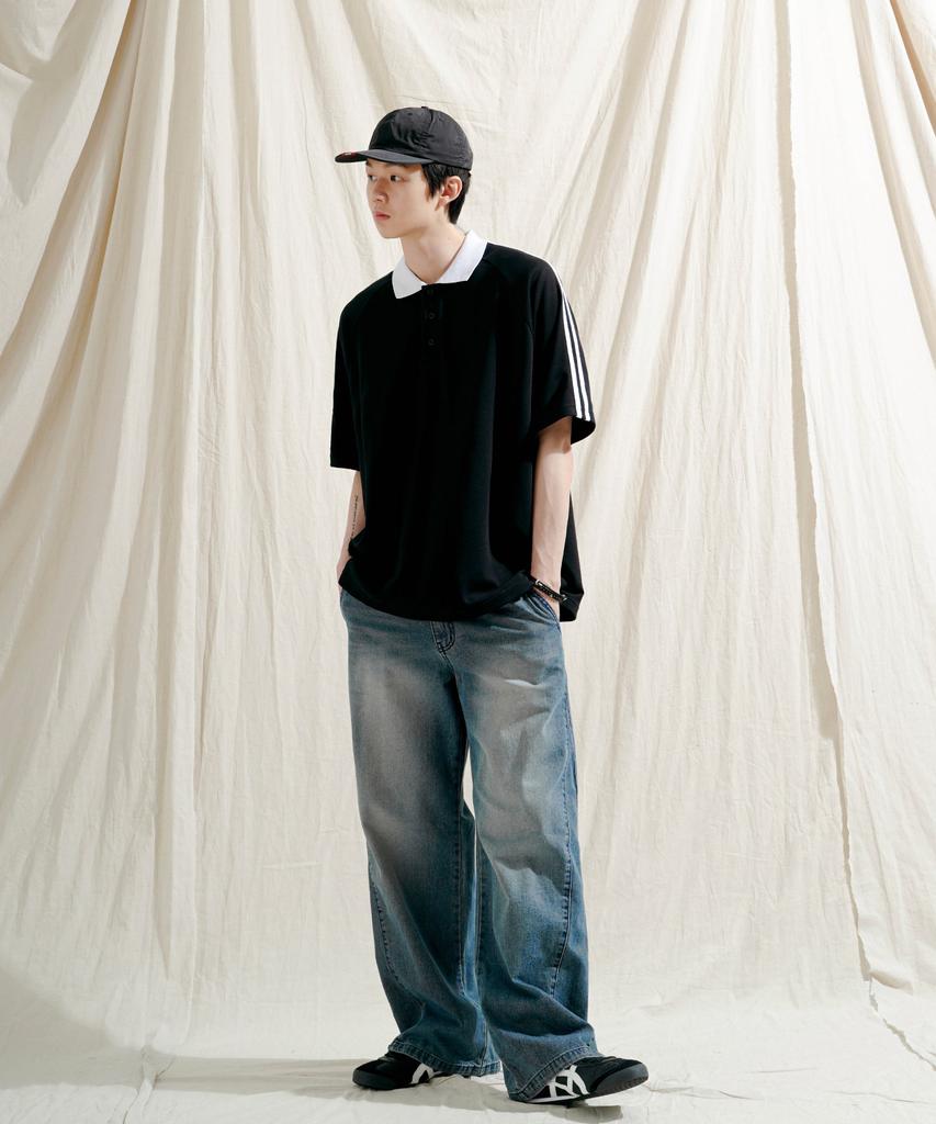 JEMUT Forward Oversized Collared Short Sleeve T-Shirt Black Oyst2559