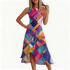Women's Fashion Casual Sleeveless Round-Neck Printed Ruffled Dress with Zipper