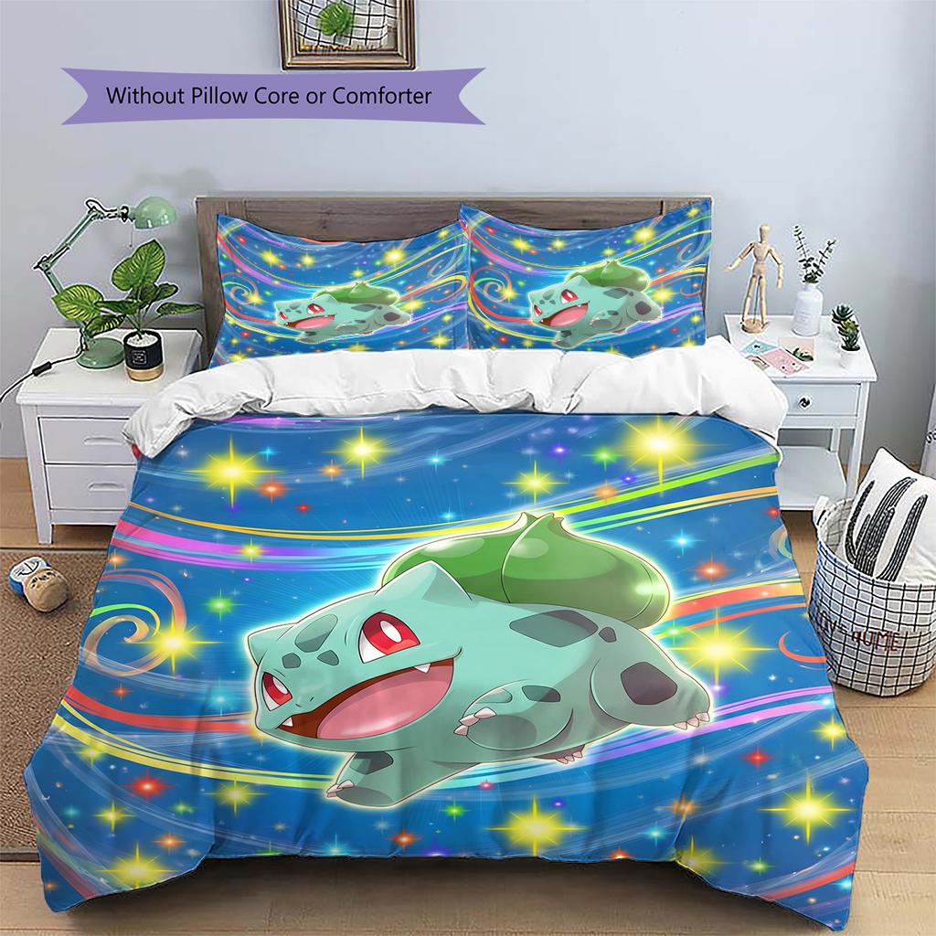 Bulbasaur Pattern Bedding Quilt Set Quilt Cover Pillowcase Home Decoration Birthday Gift (1 * duvet cover + 2 * pillowcase, without core)