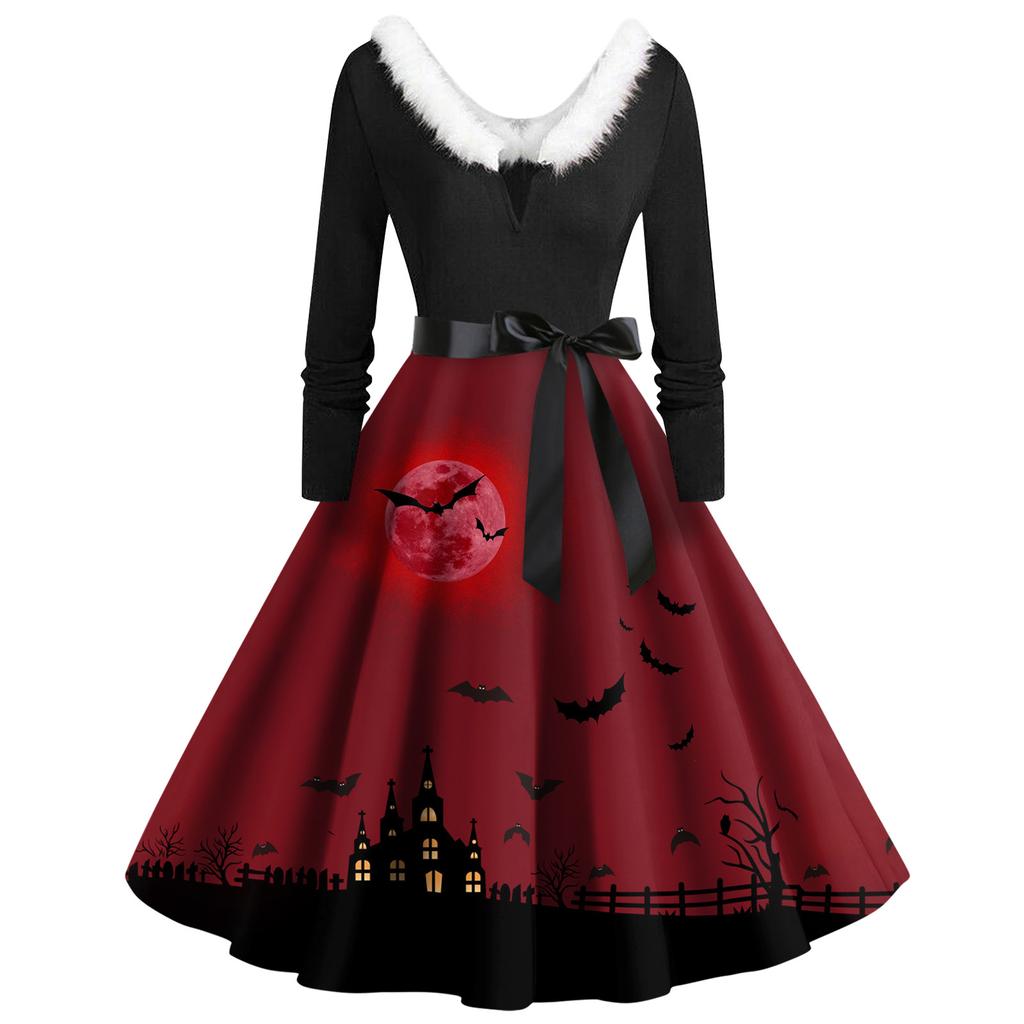 Women's Casual Fashion V-Neck Hairy Halloween Printed Long Sleeve Dresses