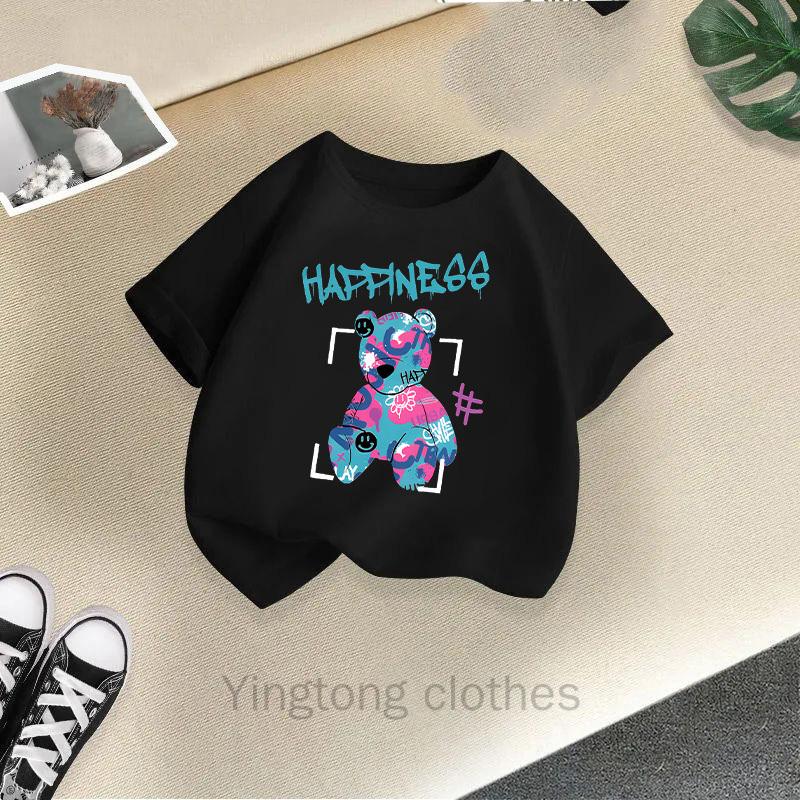 Summer Clothes for Boys and Girls, Short Sleeved T-shirts, Summer New Styles, Teddy Bear Printed Girls' Tops, Children's Clothing Trend