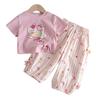 Girls Summer Cartoon Cat Print Princess Short Sleeve Mosquito Proof Long Pants Two Piece Set Comfortable Casual Outfit