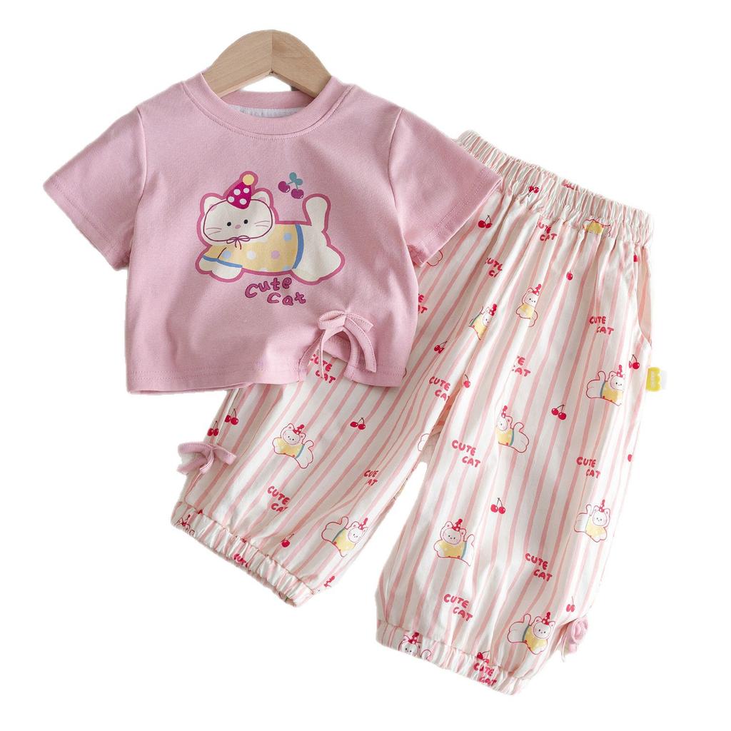 Girls Summer Cartoon Cat Print Princess Short Sleeve Mosquito Proof Long Pants Two Piece Set Comfortable Casual Outfit