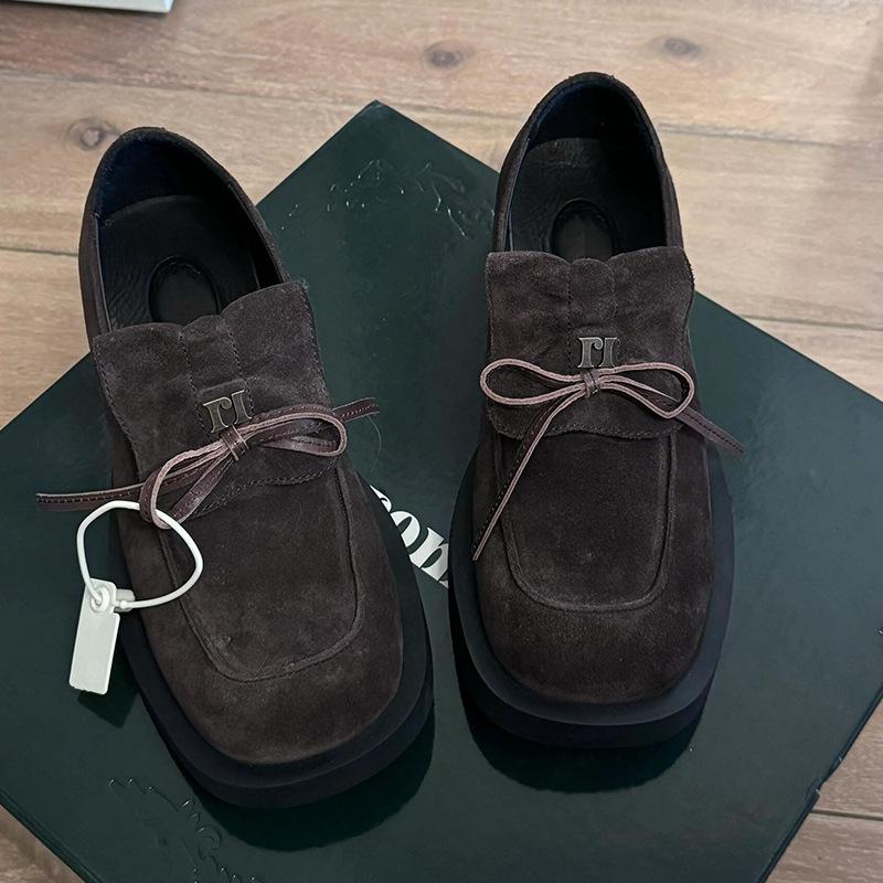 Cowhide version~ Square head bow loafers women's 2025 retro suede small leather shoes British college style single shoes