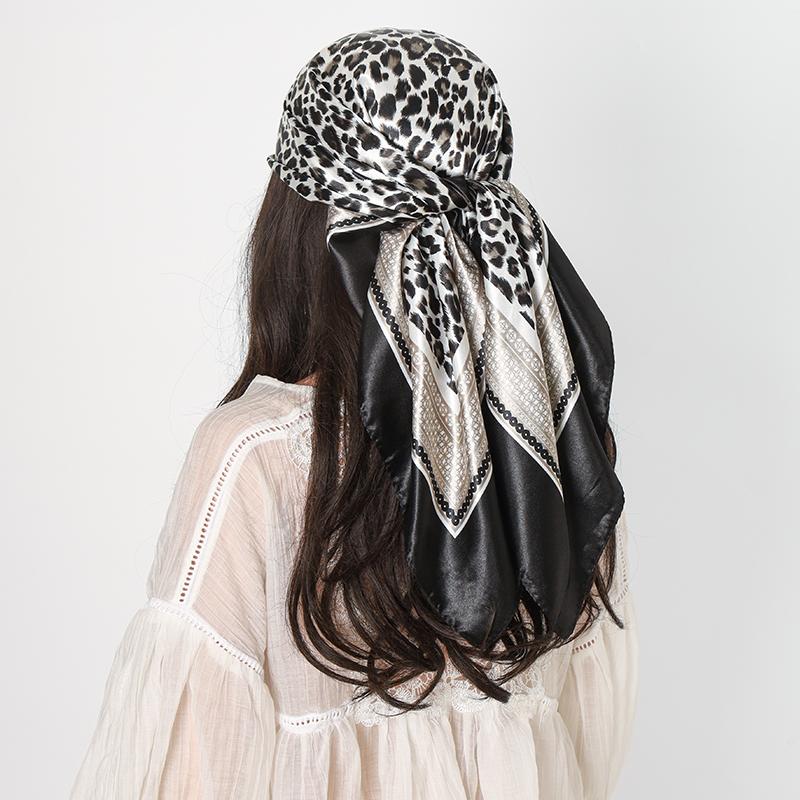 Leopard Print 90cm Square Silk Scarf Woman Satin Headband Muslim Hijabs Shawls Smooth Soft Hair Scarf Islimic Turban Bandana