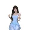 Summer French Bow Strap A-line Dress for Women - Blue Multi-wear Short Skirt
