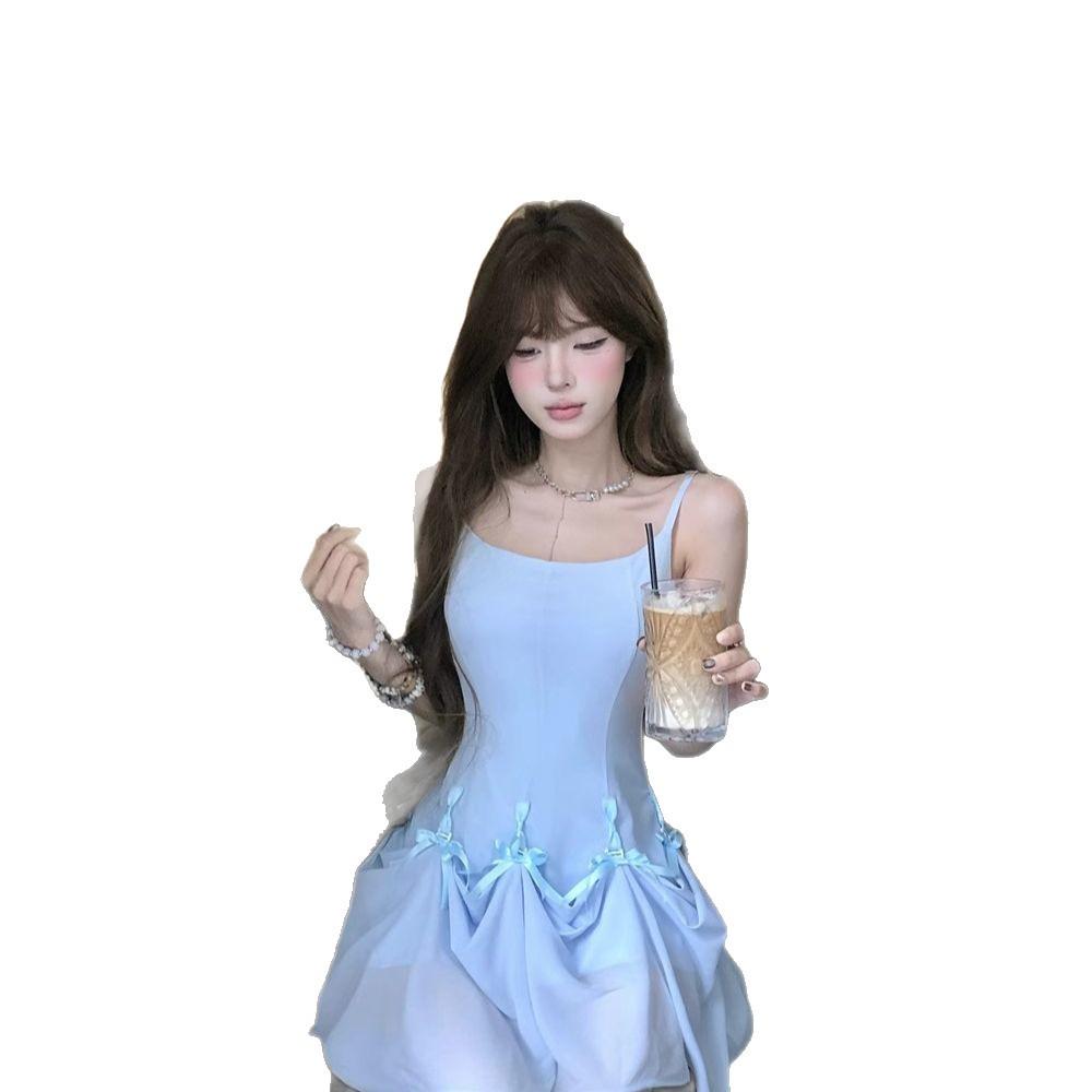 Summer French Bow Strap A-line Dress for Women - Blue Multi-wear Short Skirt