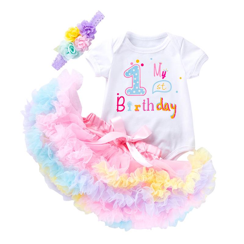 New Style Baby Girl Birthday Outfit: 3-Piece Set with Romper, Short-Sleeved Onesie, and Princess Dress.