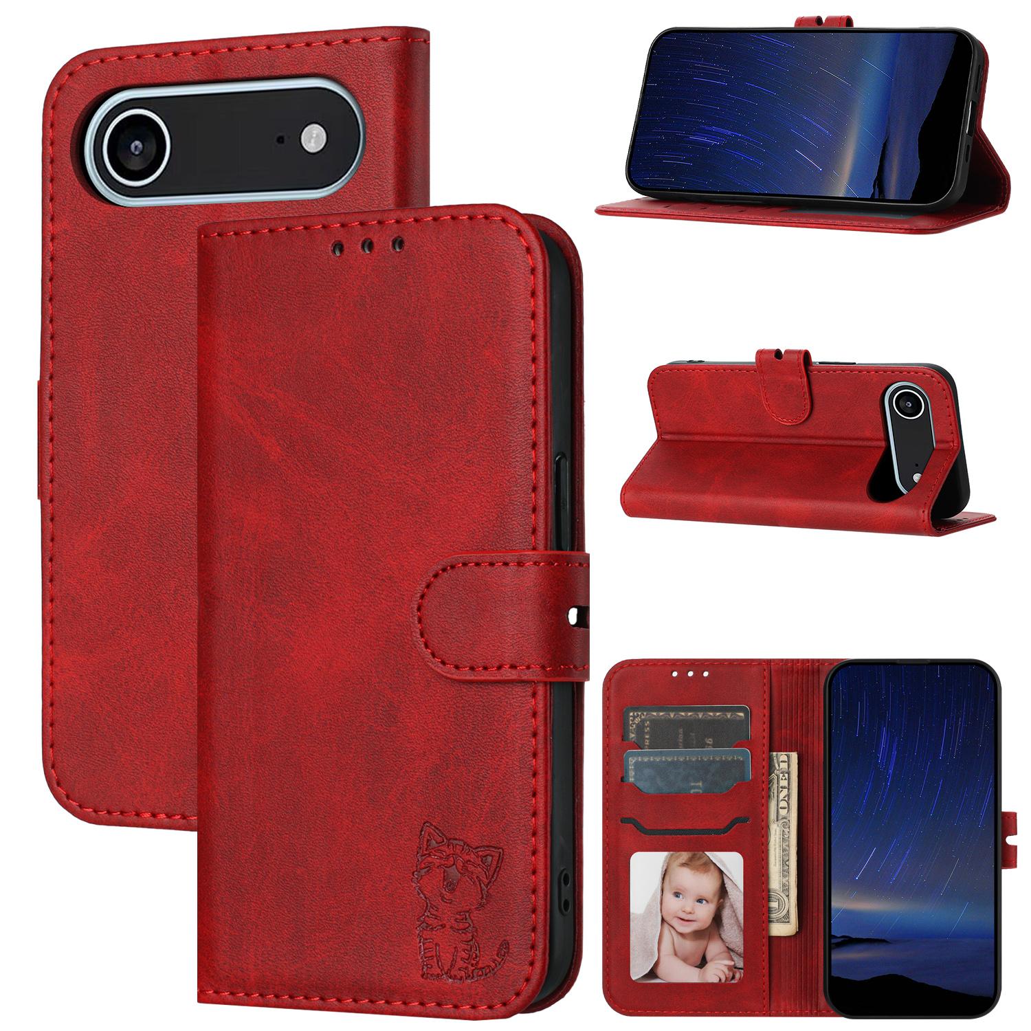 

Для iPhone 17 Air Чехол Счастливый кот Узор Тисненый Кожаный Чехол-кошелек для телефона Red