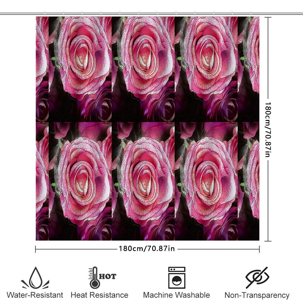 Luxurious Pink Rose Bath Shower Curtain Set 3D Printed Floral Decor for Bathroom, Waterproof Fabric Perfect Gift (Set of 6 Panel