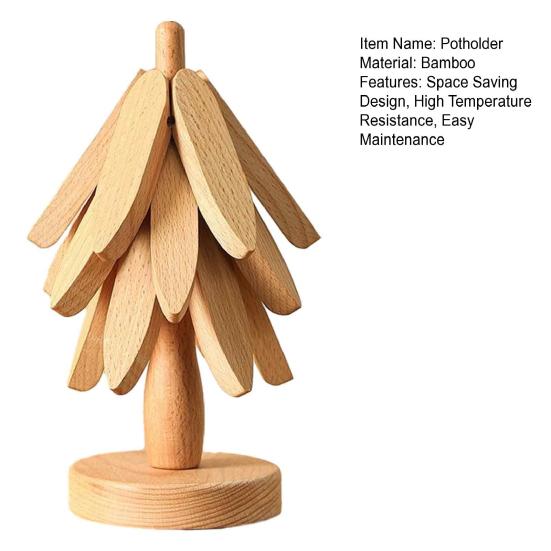 Compact Storage Trivet Set Collapsible Wooden Trivets for Hot Dishes, Christmas Tree Shaped Pot Mat Table, Wood Heat Natural Pine Pad Resistant Holder