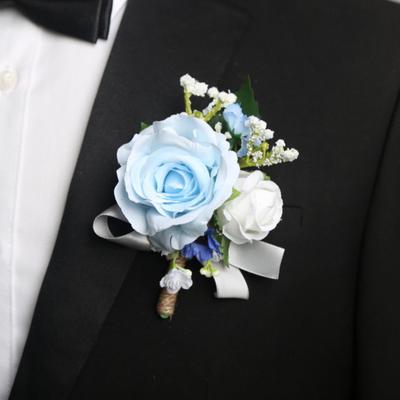 Blau-Weiß-Rosen-Anstecker und Handgelenk-Gesteck Künstliche Seidenblumen für Braut Brautjungfer Bräutigam Europäische Rustikale Hochzeitsdekoration