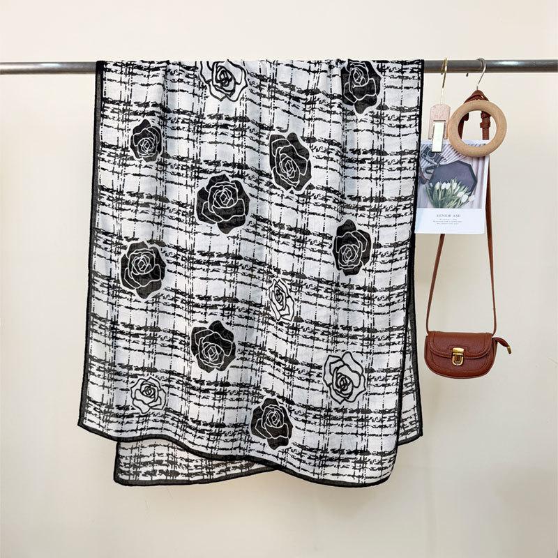 New spring and summer plaid rose scarf women's thin classic camellia breathable shawl travel sun protection