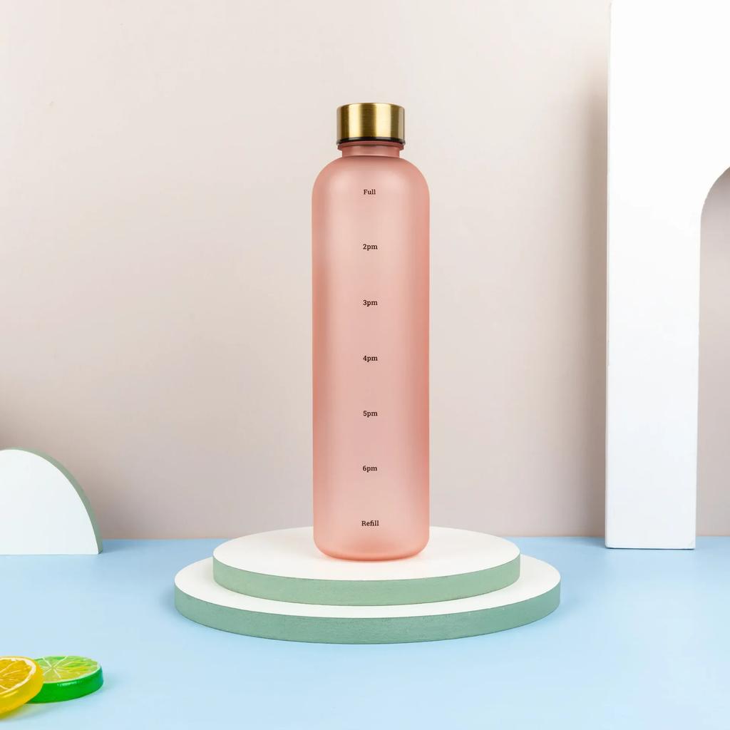 Sticlă de apă de 1L cu marcator de timp, inspirațională, reutilizabilă, pentru fitness, exterior, călătorii, etanșă, fără frecare, plastic