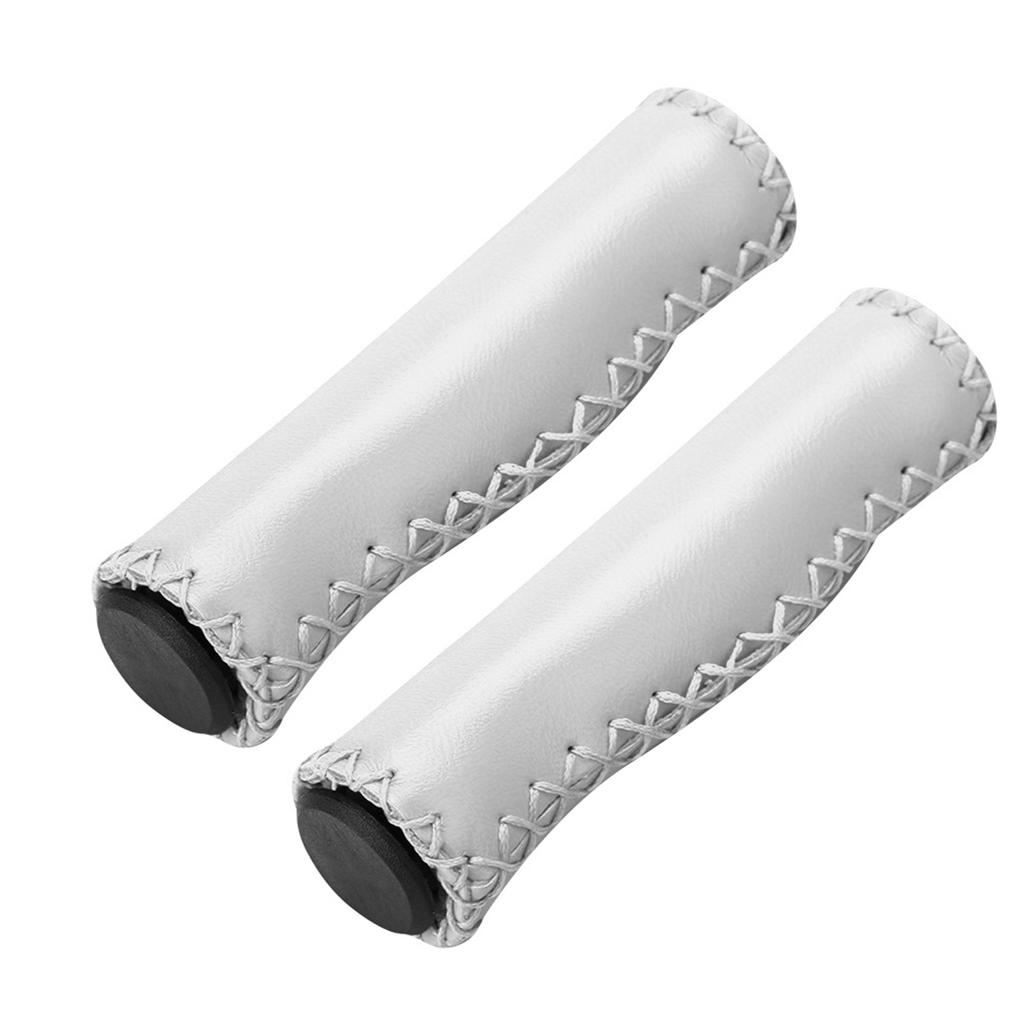 1 Pair Hand stitched PU Bike Bicycle Handlebar Handle Bar Grips with Plug(White)
