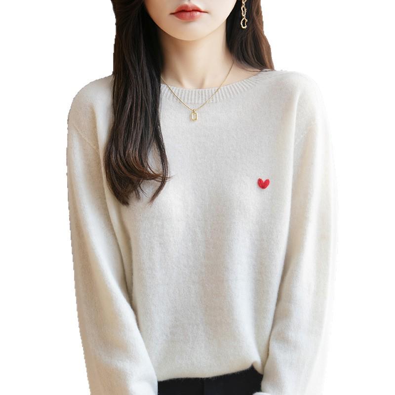 Heart Embroidery Pure Wool Round Neck Pullover Sweater - Autumn/Winter Collection