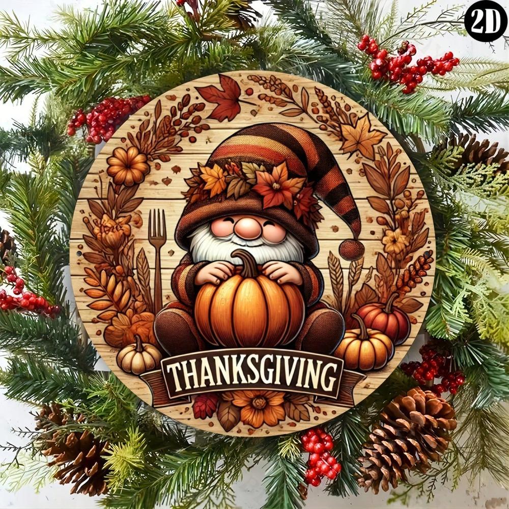 Vintage Metal Wall Art Round Aluminum Sign Thanksgiving Gnome Decor 8x8 Inch