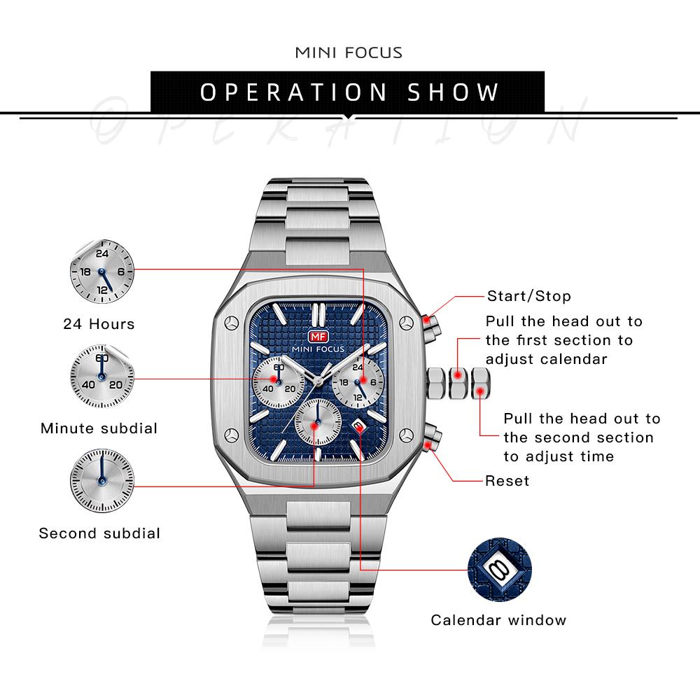 Top luxus s krabičkou MINI FOCUS Hodinky Čtvercové pánské hodinky Vodotěsné námořní hodinky Multifunkční pánské Quartz hodinky s ocelovým páskem