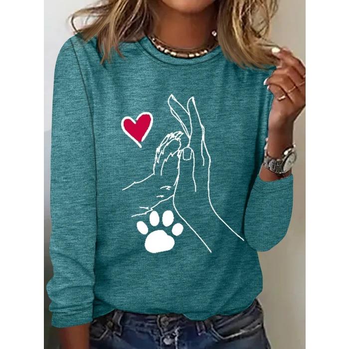 Round Neck 3D Printed Love Cat Footprint Pattern Top Fashionable Casual Long Sleeved Women's T-shirts