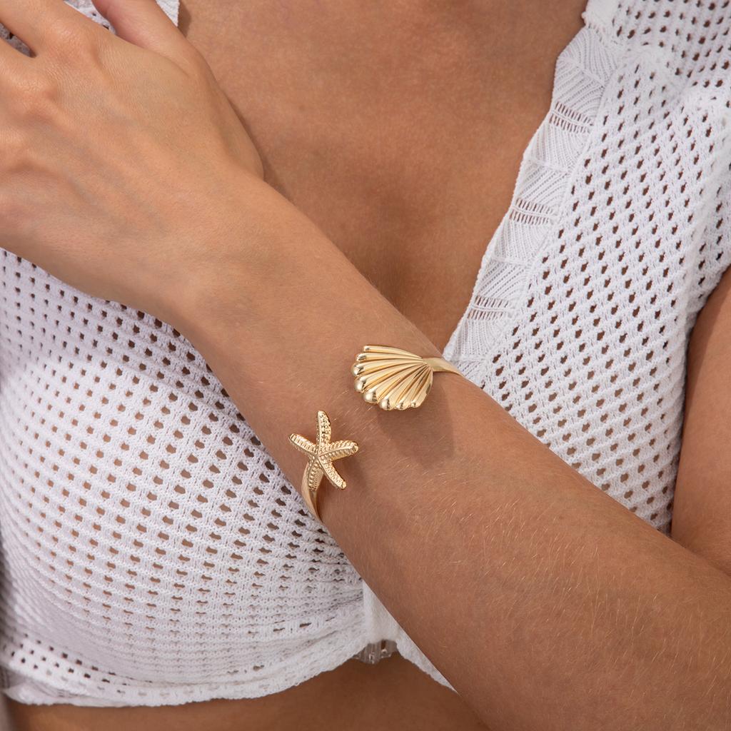 SHIXIN Bohemian Starfish Scallop Open Bangle for Women Fashion Smooth Metal Cuff Bracelet Hand Decoration Summer Beach Jewelry