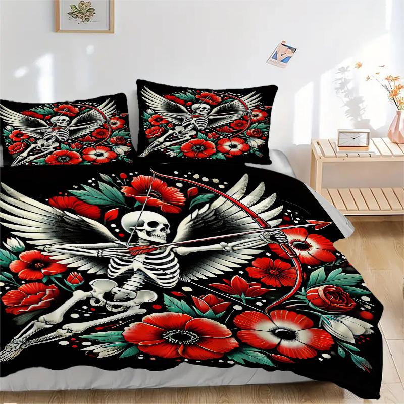 3pcs Skull with Wings Quilt Cover Set (1 Quilt Cover + 2 Pillowcases Without Pillow Core), High-Definition Printing for Home and Dormitory.J082