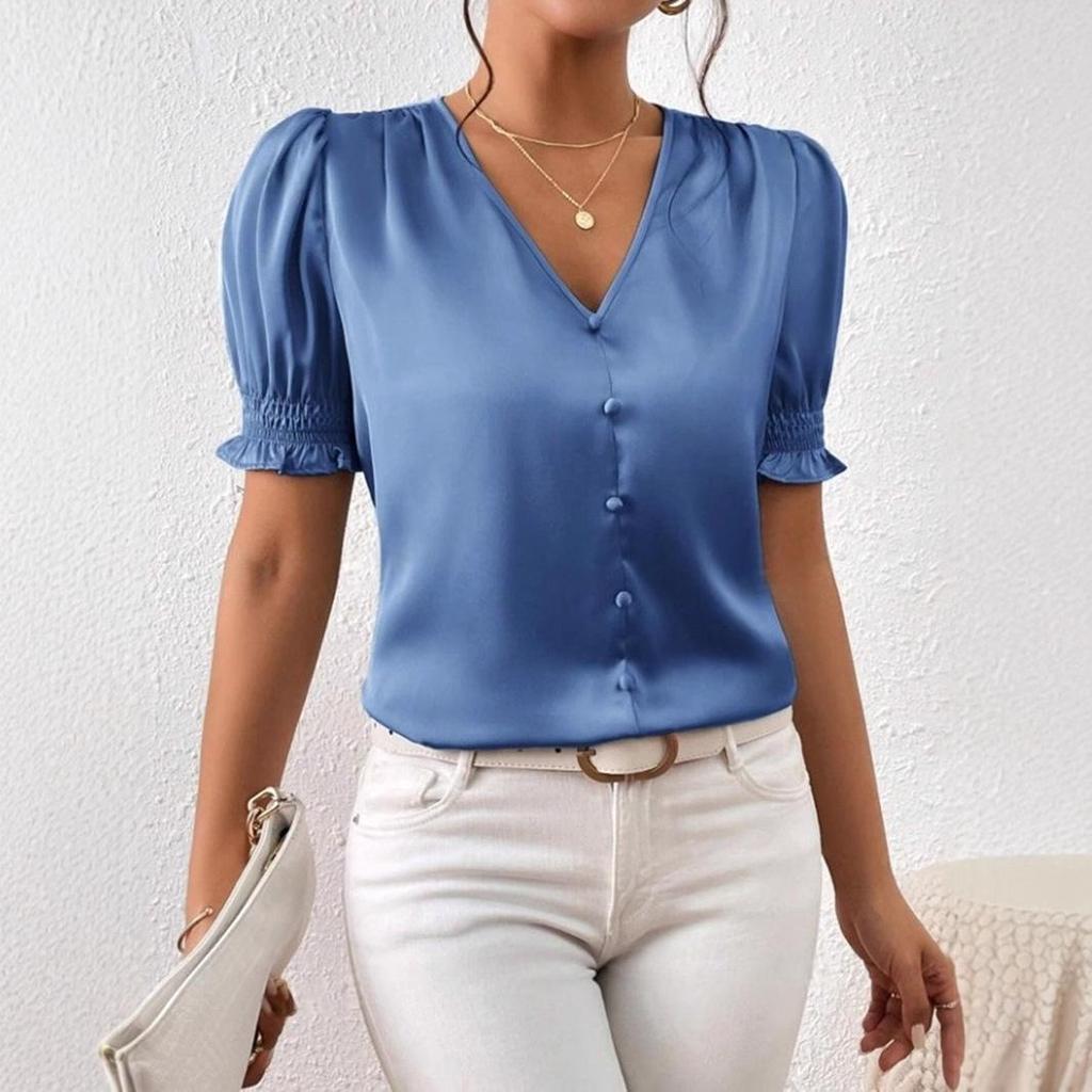 New Satin V-neck Button-up Ruffle Blouse - Spring/Summer Casual Short Sleeve French Style