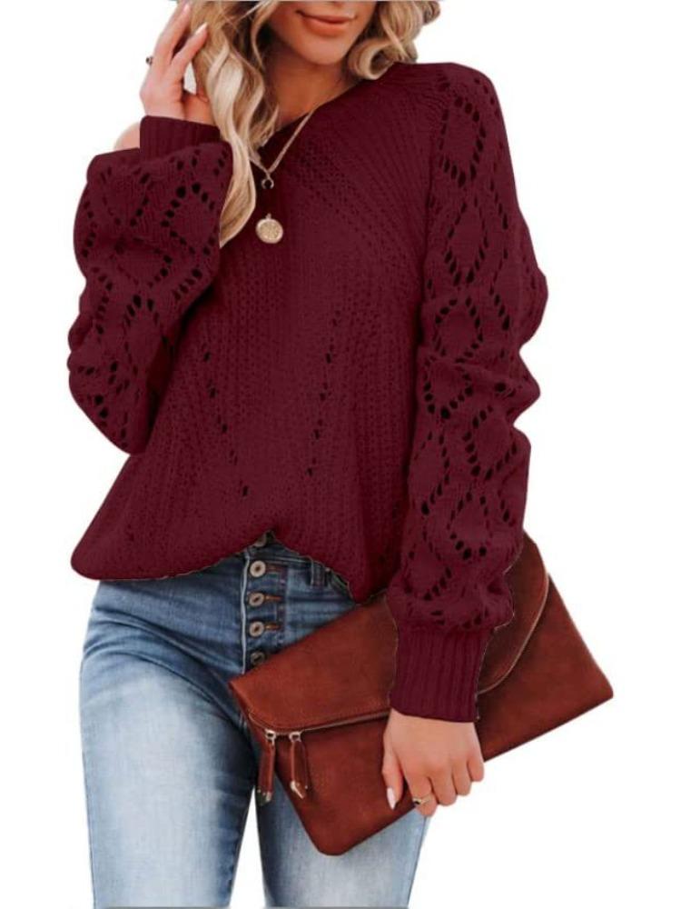 Autumn Winter Diamond Grid Sweater Women's Round Neck Hollow Out Loose Pullover Comfortable Versatile Knitted Undercoat Top