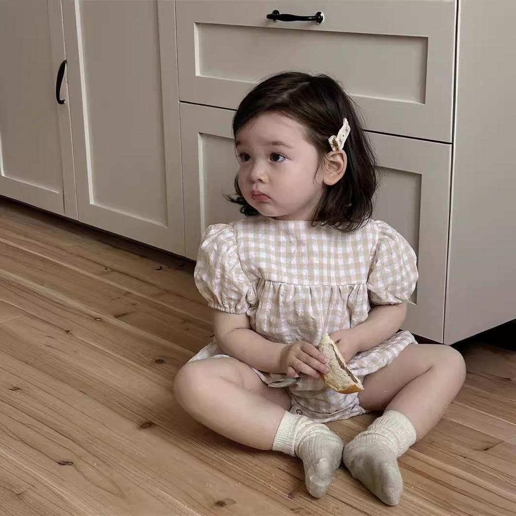 Summer Girl Baby Plaid Thin Puff Sleeves Onesie Newborn Girls Loose Cotton Casual Bodysuit Infant Romper Kids Clothes