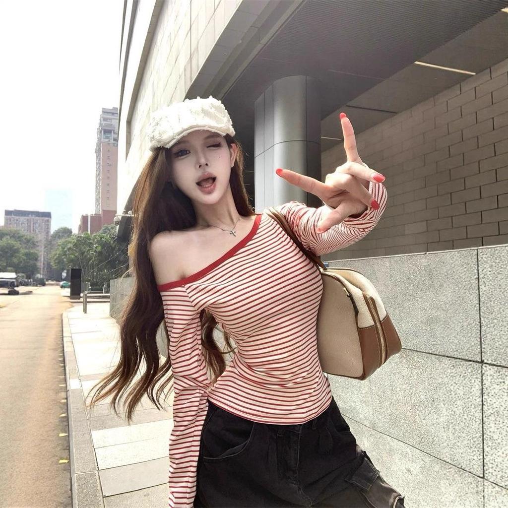 Koreański Jednoramienny Pasiasty Długi Rękaw Dopasowany Codzienny Damski Top