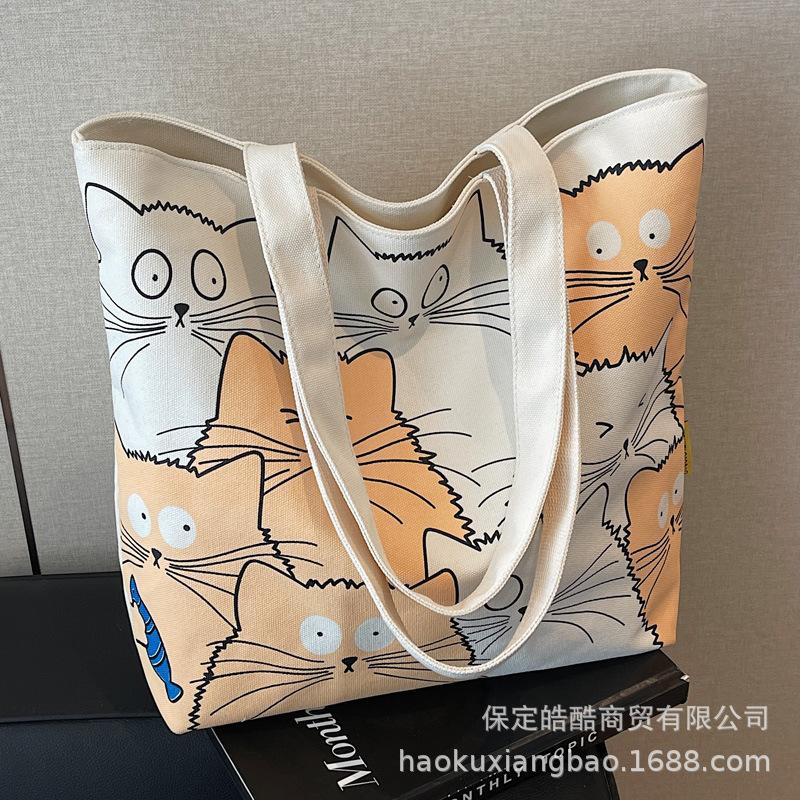 Canvas bag women's 2025 new summer large-capacity bag casual cartoon shoulder bag college student class tote bag