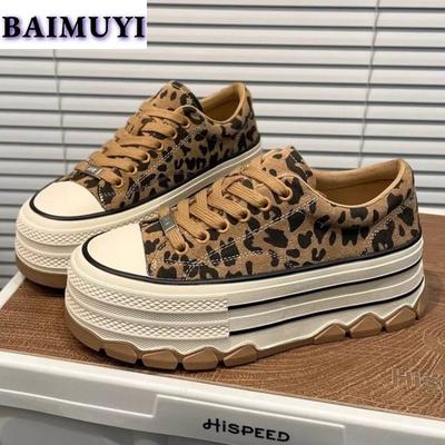 Chaussures Plates Léopard à Plateforme en Toile Baskets Femme à Lacets Sport Femme Tendance Automne 2024 Marque Décontracté Marche Zapatillas Mujer