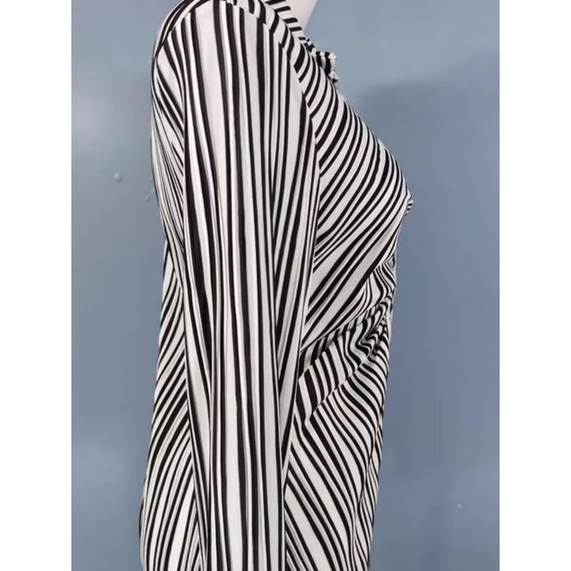 Export Single FN Elastic Fabric Pleated High Waist Black and White Striped Slit Speaker Long Sleeves Dress Plus Plus Size
