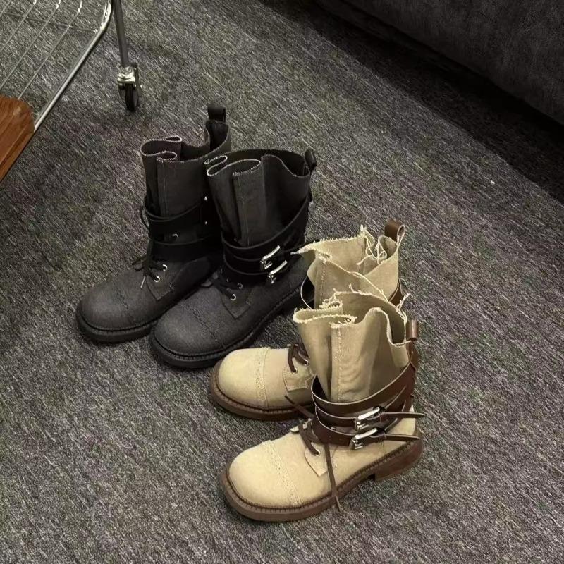 Fashion Autumn Winter New Style Ladies Short Boot Belt Buckle Decorated Cowboy Boots Wedge Heel Thick Sole Non-Slip Outdoor Boots Travel