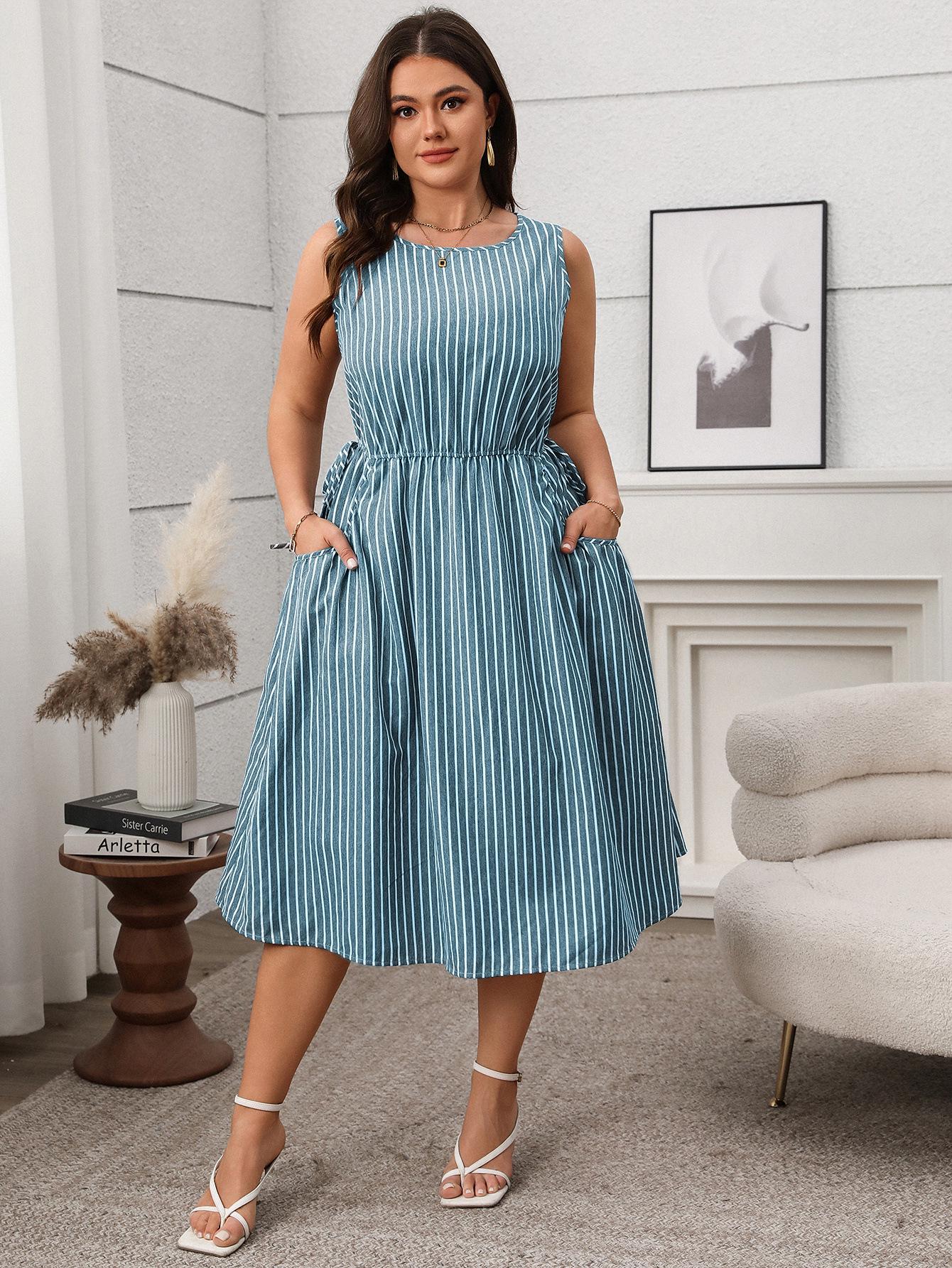 2025 Spring/Summer Women s Color Block Stripe Sleeveless Pocket Dress 4XL