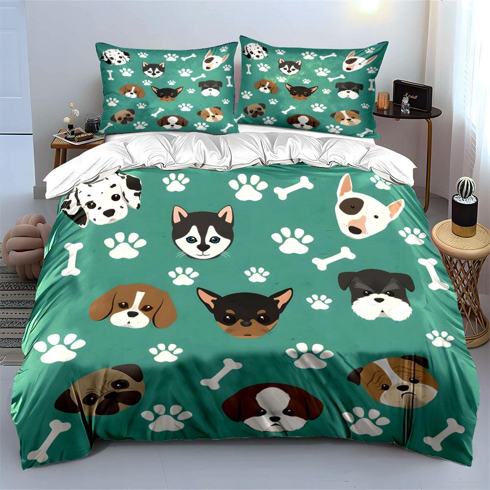 Cute Dog Faces and Paw Prints Bedding Duvet Cover Set (1*Duvet Cover 2*Pillowcases, without duvet insert)