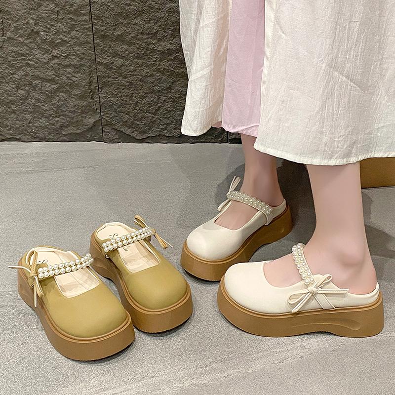 Fashion Shoes Loafers String Bead Cover Toe House Slippers Platform Slides Mary Janes House Slippers Platform Shoes Slides String Bead C