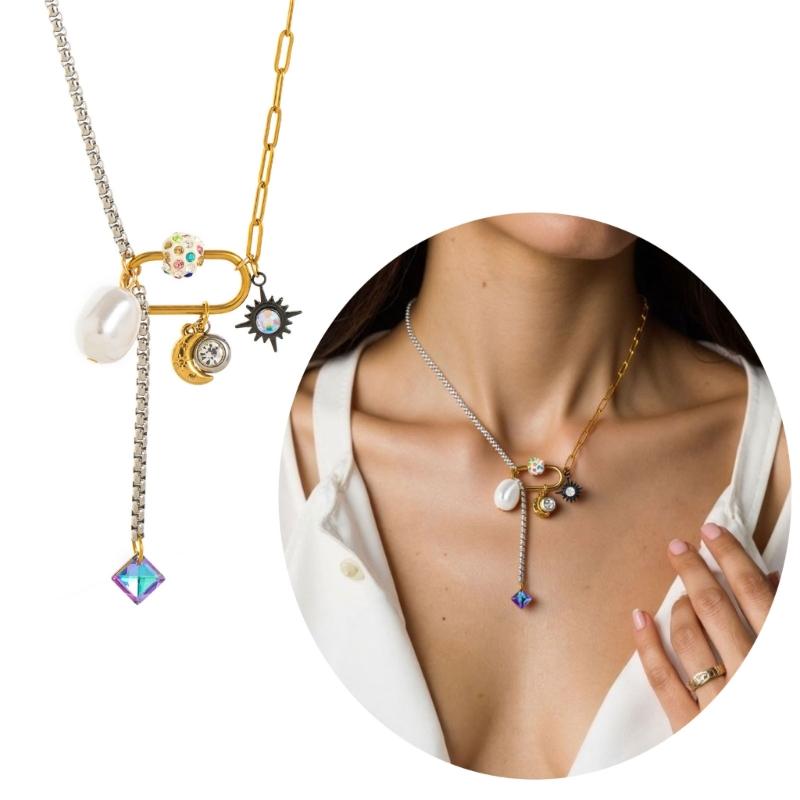 Stylish Splicing Pendant Clavicle Chain Jewelry Titanium Steel Necklace with Moon Star Pearls for Everyday Wear