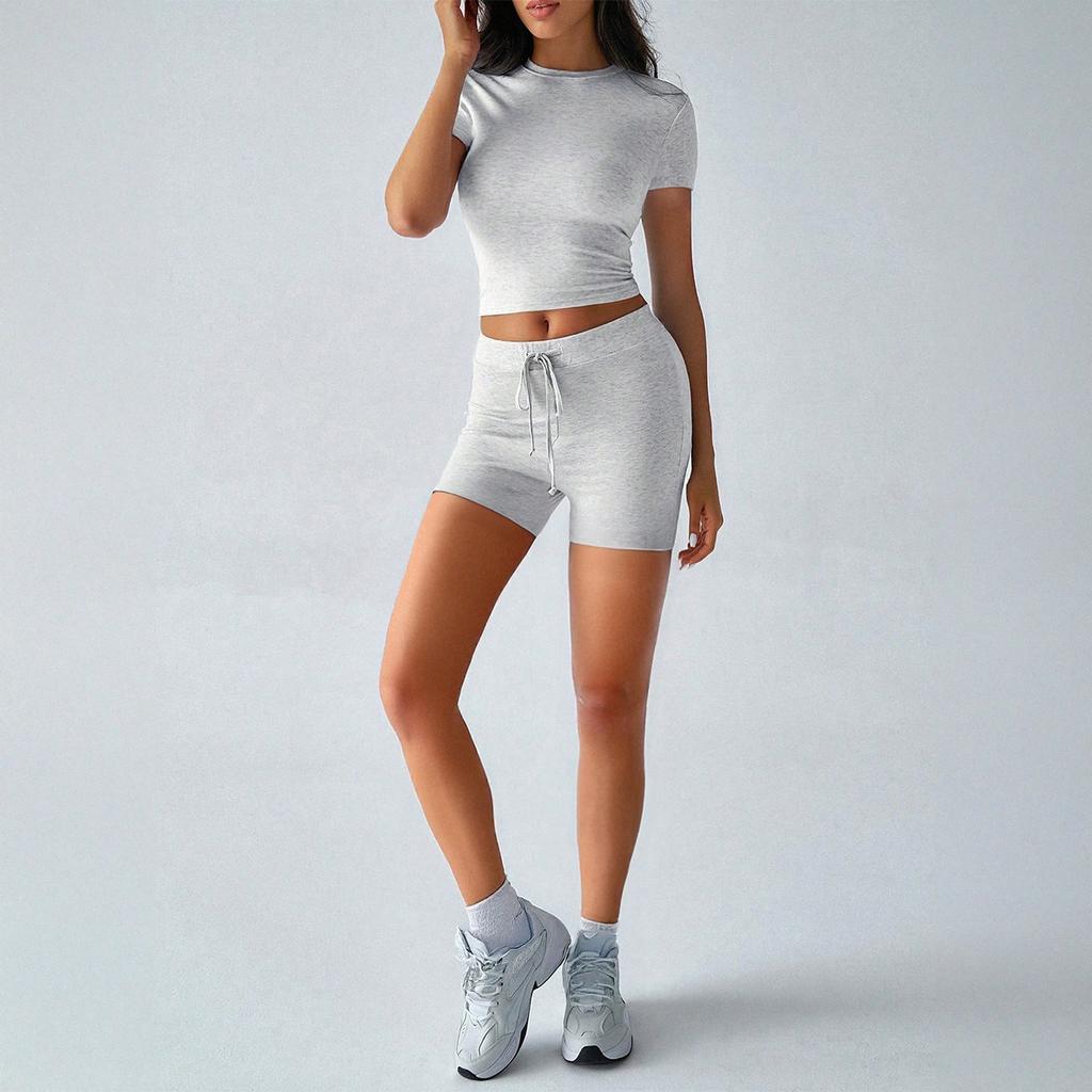 New Women's Solid Yoga Sportswear Set Short Sleeve T-shirt + Belted Shorts Casual Outfit For Spring Summer