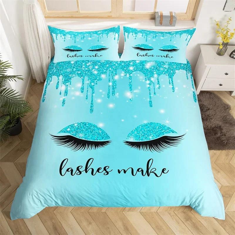 Smile Eyelash Duvet Cover Set Glitter Fragments Dreamy Twin Queen Bedding Set Microfiber Eyelashes Make Romantic Comforter Cover