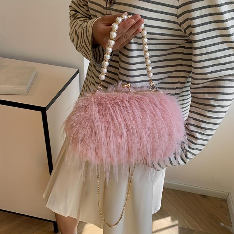 Geantă Satchel Elegantă din Blană Artificială cu Mâner de Perle Geantă de Seară Pufoasă și Moale Portofel de Damă la Modă Geantă de Mână Culoare Solidă cu Închidere Tip Kiss