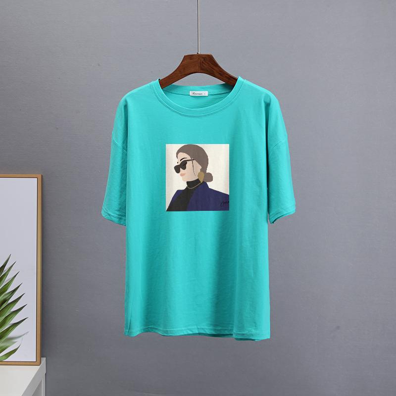 Hirsionsan Elegant Character Printed T Shirt Women Summer Chic Casual Tees Cotton Jumper Clothes Oversized Pullover Female Tops