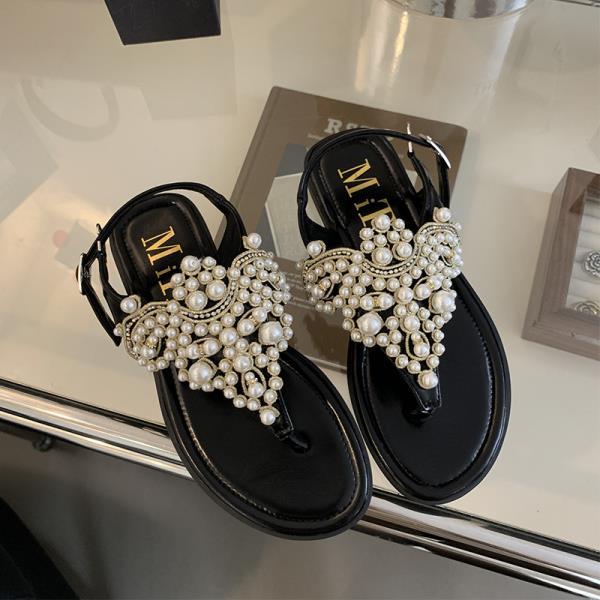 Fashion Beige Heeled Sandals Clear Shoes Slip-on Loafers Summer Women's Flip Flops Platform Soft Black Pearl Outside Elastic Band Girls