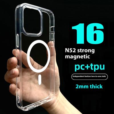 For iPhone 15 Pro Max Magnetic Case TPU + PC Clear Phone Back Cover 2mm Thickness