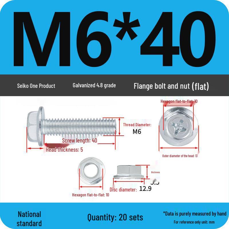 4.8 Grade Galvanized Hex Bolt Set with Anti-slip Washer & Nut, Cross Flange Head, M4/M5/M6/M8mm