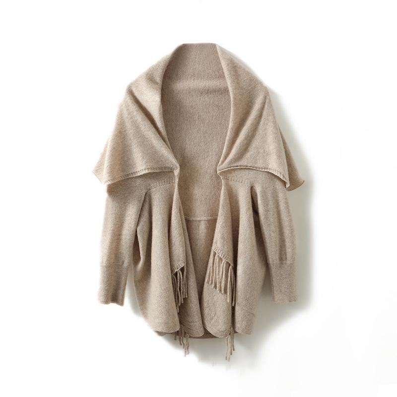 Casual Versatile Women's Pure Wool Tassel Knit Shawl Cardigan for Spring & Autumn
