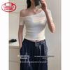 Langsha Women's Slim-Fit Asymmetrical Short Sleeve Crop Top