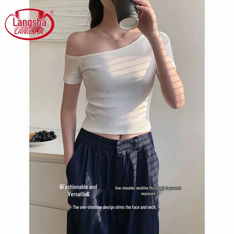 Langsha Women's Slim-Fit Asymmetrical Short Sleeve Crop Top