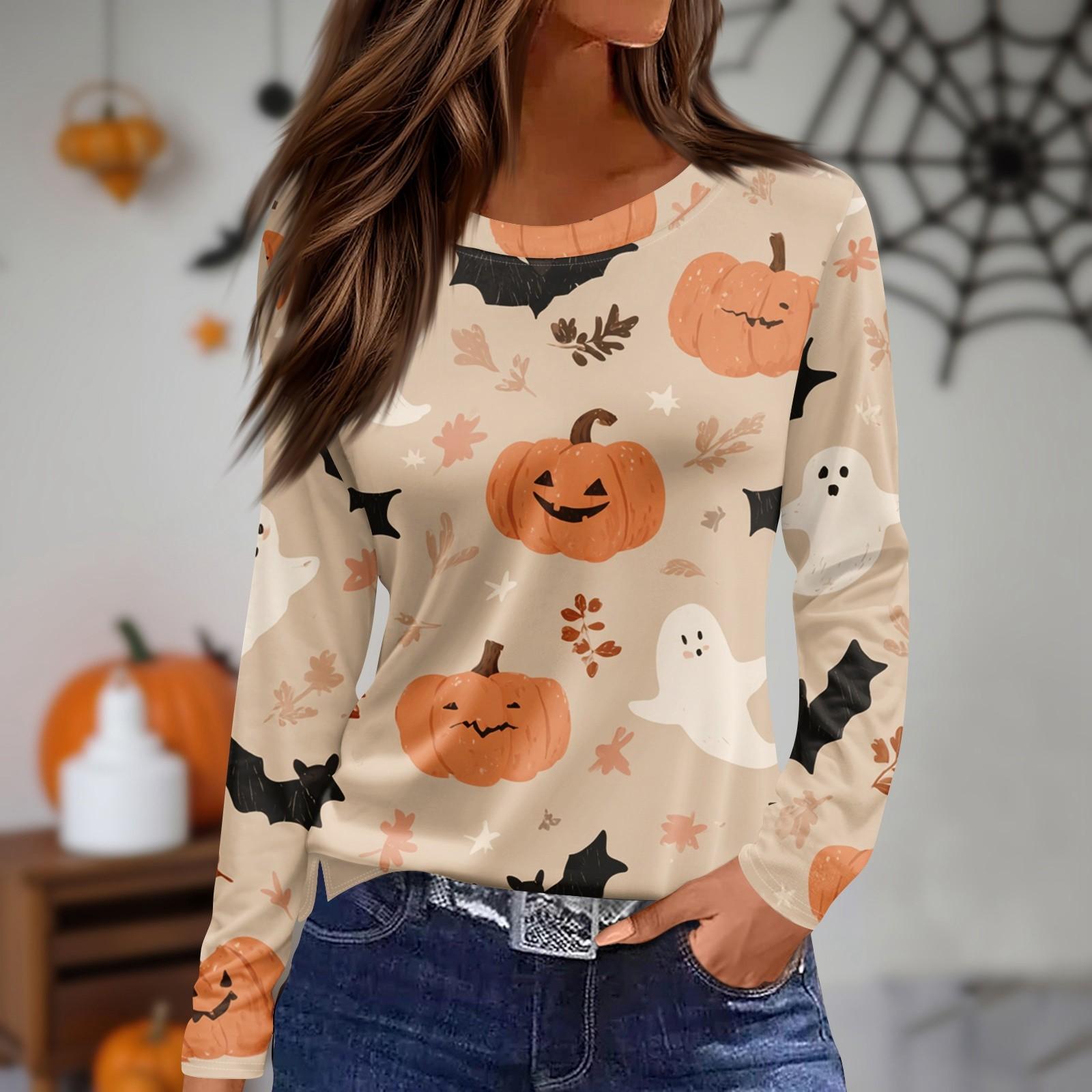 

Women s Daily Casual Long-sleeved Printed O-neck Top S помаранчевий